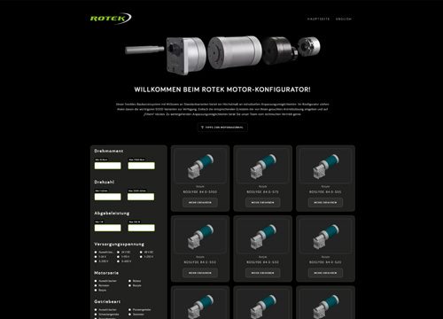 Motor-Konfigurator auf der neuen Website von Rotek